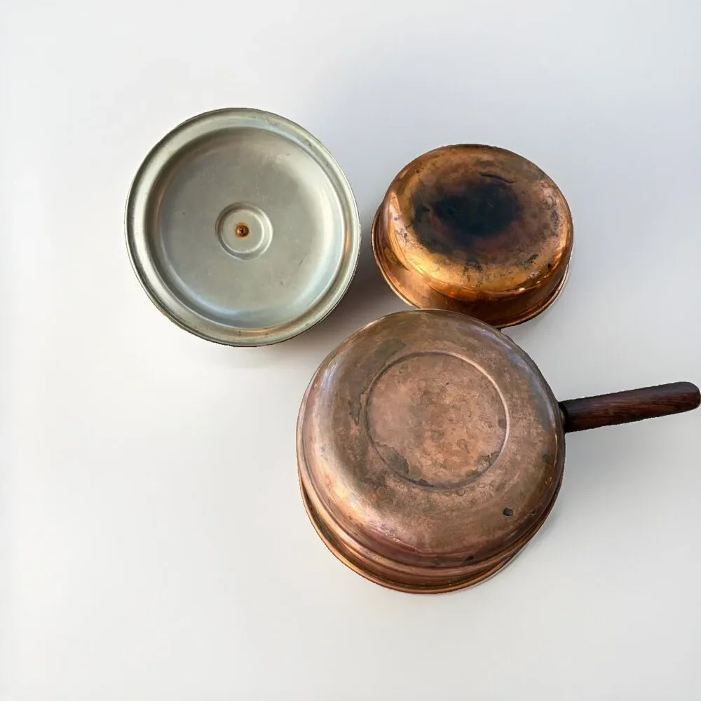 Vintage Bongusto Italy Copper Double Boiler Pan Pot Lid Wood Handle 1834 Patina